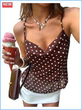 Polka Dot Chiffon Camisole Criss Cross Backless Cowl Neck Top